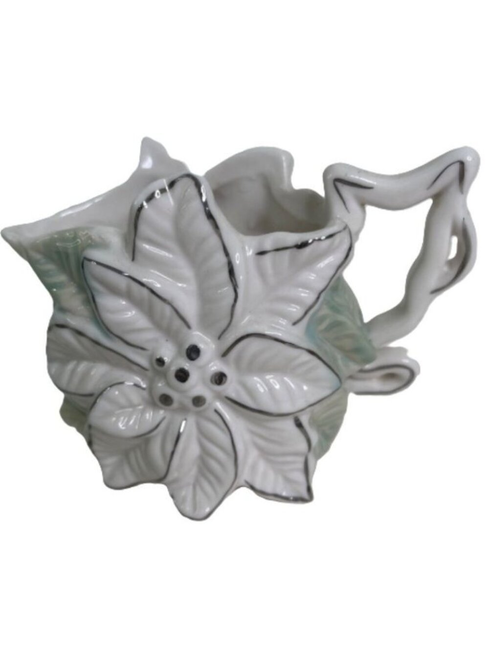 Poinsettia Creamer Cream Pitcher White Vintage Ceramic 4" Green Silver Trim Xmas
